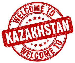 welcome to Kazakhstan red round vintage stamp