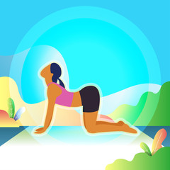 Women are exercise and yoga in the morning. background.. nature. atmosphere. tree