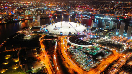 Aerial night shot from iconic O2 Arena in Greenwich Peninsula
