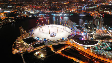 Aerial night shot from iconic O2 Arena in Greenwich Peninsula, London, United Kingdom
