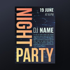 Modern poster design. Night party template. Night sky with constellation. Space background. Eps10 vector.