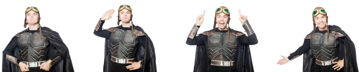 Young funny man in armour suit