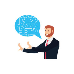 businessman with puzzle pieces in shape speech bubble