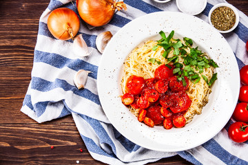 Pasta with tomato sauce and sausage