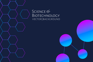 Modern background with hexagons, chemical bonds, molecules pattern. Medicine, science, biotechnology, pharmacology innovation concept. Place for text. Dark backdrop. Vector EPS 10 illustration..