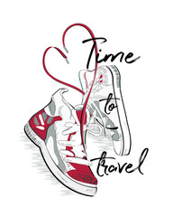 Pair of sneakers with laces in the form of heart. T-shirt design. Hand drawn vector illustration.