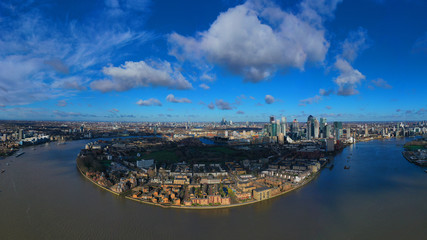 Aerial bird's eye view panoramic drone photo of Greenwich park with views to Canary Wharf and...