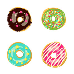 Fototapeta premium Set of four color donuts isolated on white. Vector illustration
