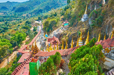The mountain slope with alleyways of Pindaya Cave Temple, Myanmar