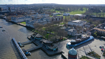 Aerial drone photo of famous Cutty Sark the only tea clipper survived and used as a museum next to Greenwich pier in the heart of London, United Kingdom