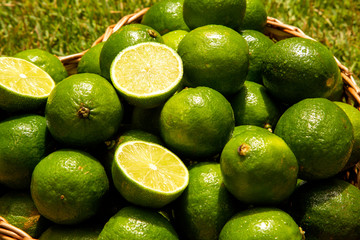 Close Up Lime in a wood Basket.