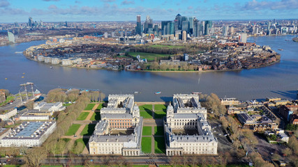 Obraz premium Aerial bird's eye view photo taken by drone of iconic Greenwich University and Park of Greenwich, London, United Kingdom