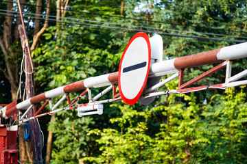 Stop sign board in the barricade