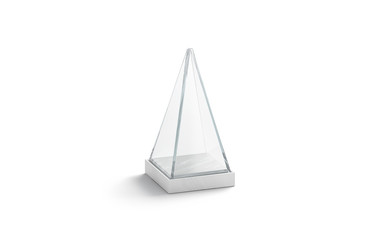 Blank white glass showcase pyramid mock up, isolated, 3d rendering. Empty plexi stand podium...