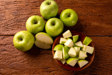 Ripe green apples on table close up