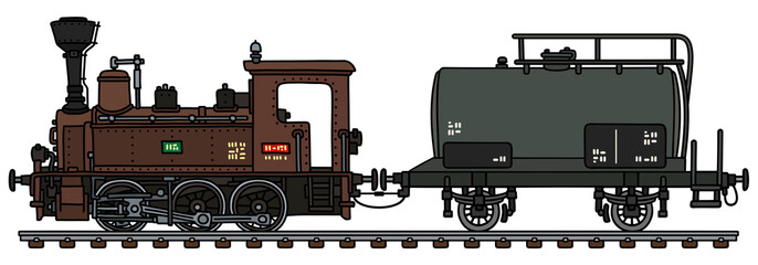 The vectorized hand drawing of a vintage brown small steam locomotive with a tank wagon