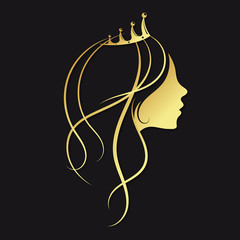 A girl with golden hair curls and a crown. Design for beauty salon and hairdresser
