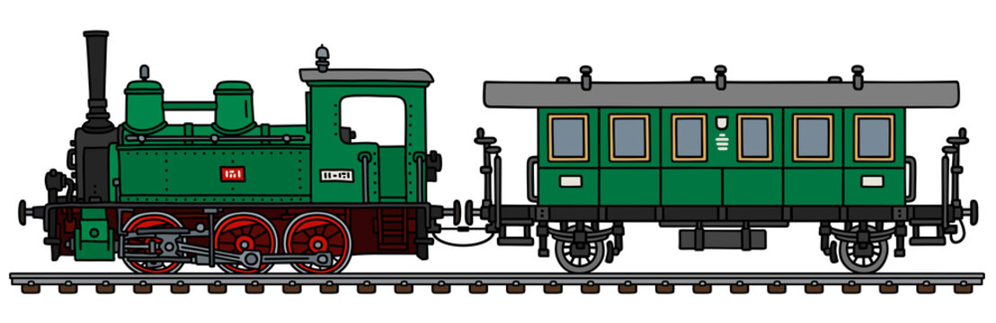 The vectorized hand drawing of a vintage green small steam locomotive with a green coach