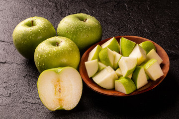 Ripe green apples on table close up