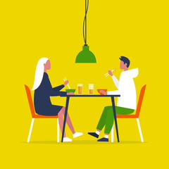 Young couple eating ramen with the chopstics. Date. Restaurant. Daily life. Flat editable vector illustration, clip art