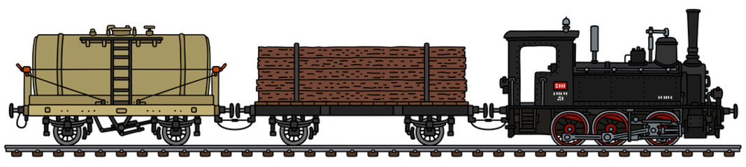 The vectorized hand drawing of a vintage freight small steam train