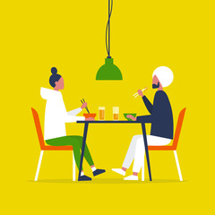 Young interracial couple eating ramen with the chopstics. Date. Restaurant. Daily life. Flat editable vector illustration, clip art