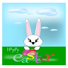 Easter bunny and eggs with quote Happy easter. Holyday background design. Abstract card for greeting. Symbol love, life, spring. Colorful template for prints, banner, card, label. Vector illustration.