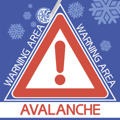 Warning avalanche area. Warning poster about the possibility of a dangerous natural phenomenon in the mountains.