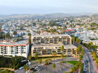 Aerial view of San Clemente beach and coastline before sunset time . San Clemente city in Orange County, California, USA. Travel destination in the South West Coast. Famous beach for surfer.