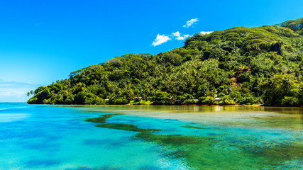 View of the mountain in the lagoon Huahine, French Polynesia.