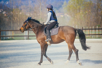 little girl riding her horse in the paddock - little girl taking riding lesson -