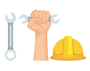 set hand with wrench and helmet construction equipment