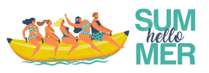 Summer water fun. Man and women ride on a banana boat. Hello summer. Vector illustration of a flat design.