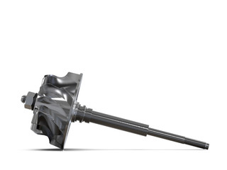 Turbine with blades disassembled. Turbine shaft. Clipping path. 3D rendering