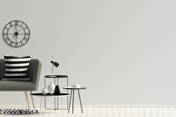 Modern interior with sofa. Wall mock up. 3d illustration.