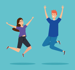 Fototapeta na wymiar happy girl and boy jumping with casual clothes
