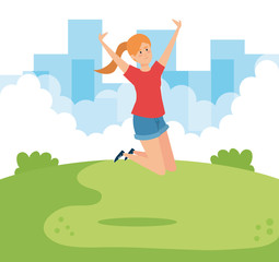 happy woman jumping with blouse and short