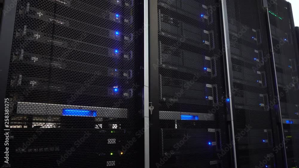 Poster server rack cluster in a data center. motion camera. 4k.