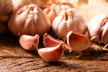 Garlic close up, Garlic bulb, Garlic cloves in jute sack on wooden background.