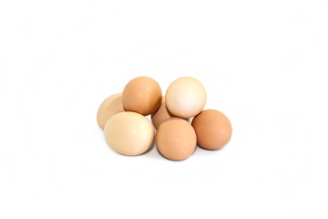 Fresh diet homemade chicken eggs on white background.