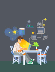 Young Man Working Remotely at home Using Laptop and Network Vector Illustration