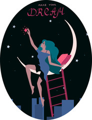 Romantic woman dreams get the star sitting on moon. Vector illustration