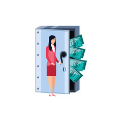 young businesswoman with safe box door and dollars
