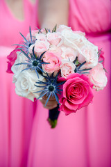Cute bridesmaid bouquet in pink and blue tones
