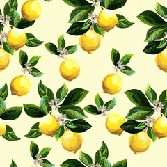 Seamless citrus vector pattern on striped background. Hand drawn illustration with lemons.