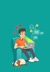 Flat Vector illustration A man remotely Working from Home as a Freelancer Using a Laptop Сomputer and Network. Modern Workplace for Self-employed People