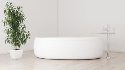 Fototapeta na wymiar Minimal modern bathroom with parquet and a plant 3D illustration