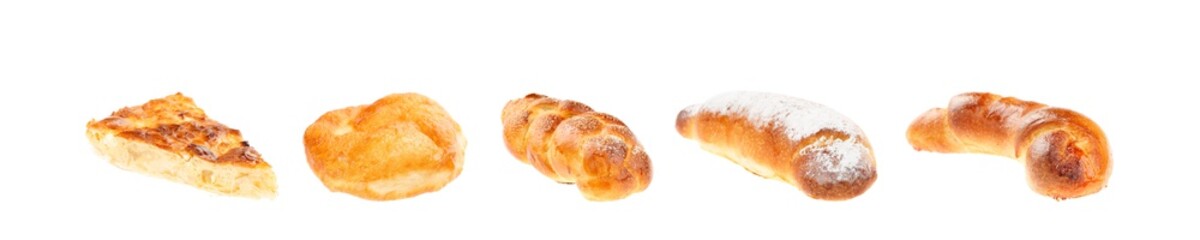 Five traditional bulgarian pasty breakfast dishes in panoramic aspect ratio, isolated on white...