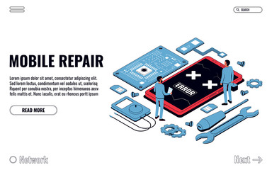 Mobile Repair and Service Concept. Isometric Smartphone with Tools and Spare Parts. Vector Illustration