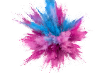 Obraz na płótnie Canvas Colored powder explosion on white background. Abstract closeup dust on backdrop. Colorful explode. Paint holi